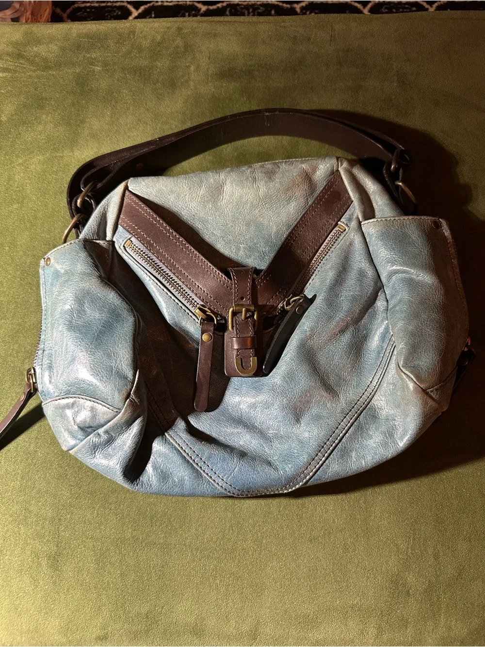 Washed Blue Leather Shoulder Bag with Brown Trim